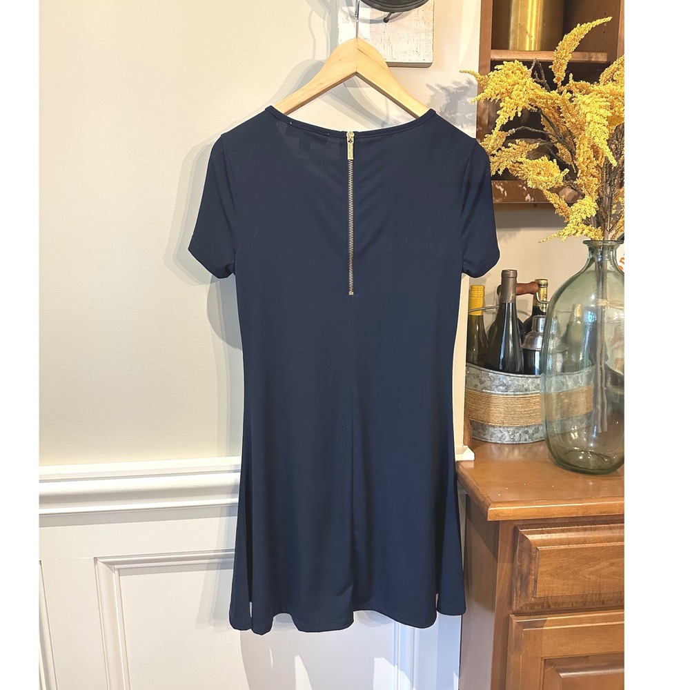 Michael Kors‎ Navy Blue Short Sleeve Gold Zip Back Fit Flare Dress Size XS